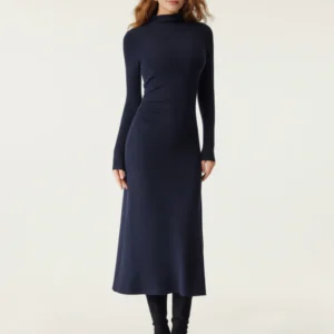 ProWarm Long Sleeves Mockneck Tucks Midi Dress