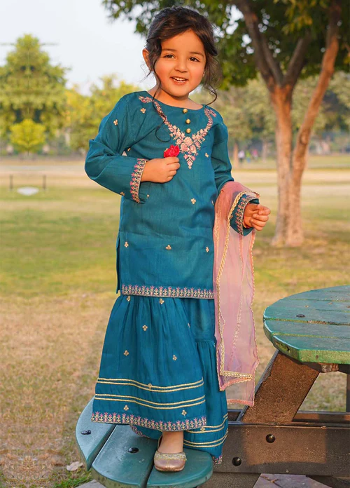 Modest 3 Piece Rawsilk Embroidered Gharara - Image 2