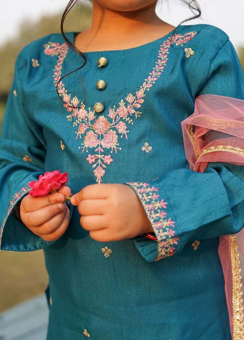 Modest 3 Piece Rawsilk Embroidered Gharara - Image 4