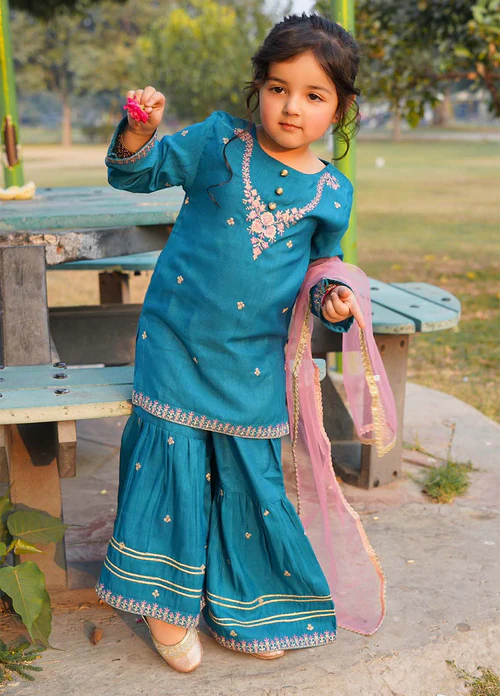 Modest 3 Piece Rawsilk Embroidered Gharara - Image 5